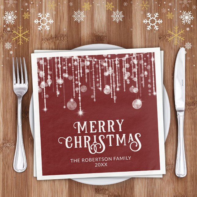 Burgundy Red White String Lights Christmas Party Paper Dinner Napkins (Creator Uploaded)