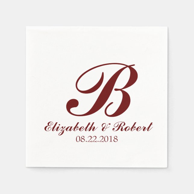 Burgundy Red White Wedding Monogram Napkins (Front)