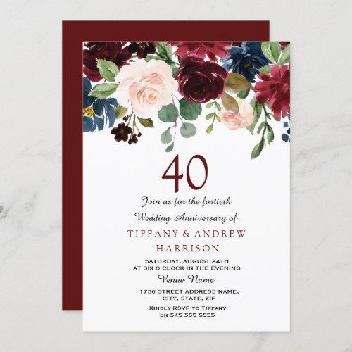 Burgundy Red Wine 40th Wedding Anniversary Invite