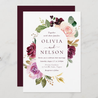 Burgundy Red Wine & Blush Floral Frame Wedding Invitation