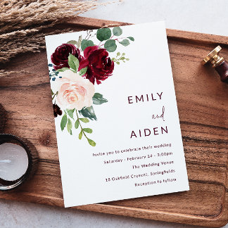 Burgundy Red Wine & Blush Floral Wedding Invitation