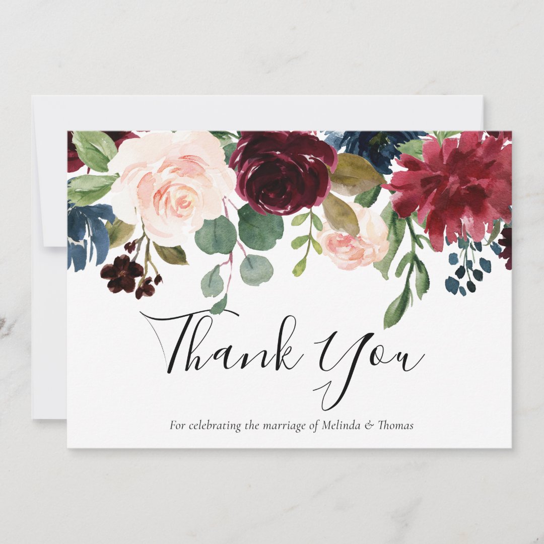 Burgundy Red Wine & Blush Floral Wedding Thank You Card | Zazzle