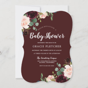 Burgundy Red Wine Blush Flowers Baby Shower Invitation