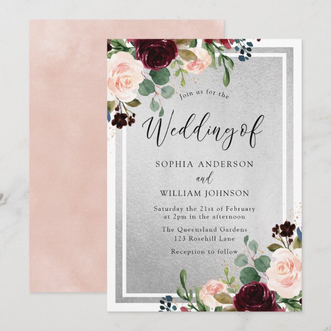 Burgundy Red Wine Blush Flowers & Silver Wedding Invitation (Front/Back)