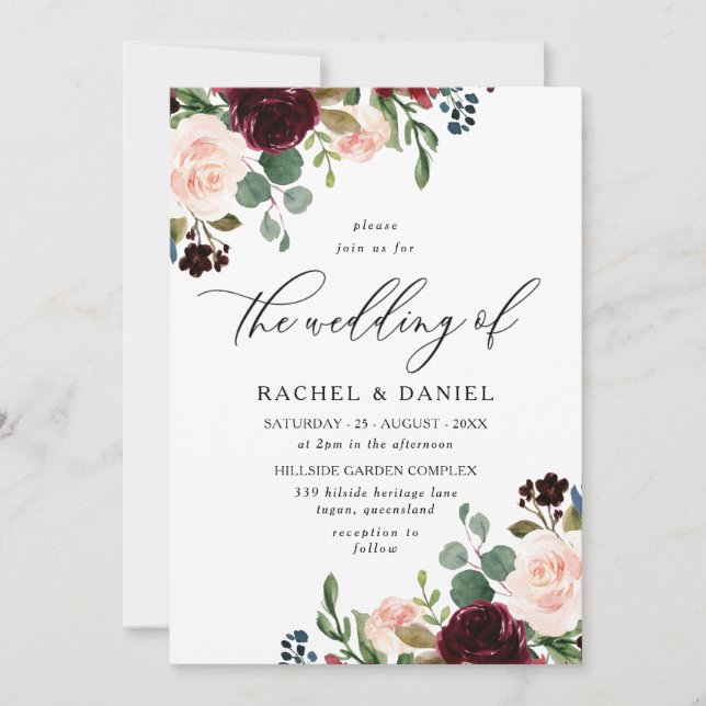 Burgundy Red Wine & Blush Modern Wedding Invitation (Front)
