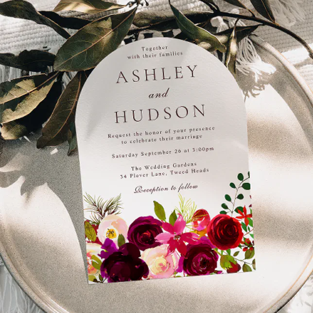 Burgundy Red Wine Boho Floral Wedding Invitation | Zazzle