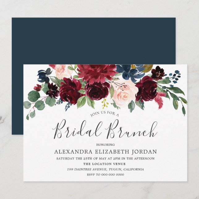 Burgundy Red Wine Bridal Shower Brunch Invitation (Front/Back)
