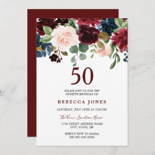 Burgundy Red Wine Floral 50th Birthday Invite