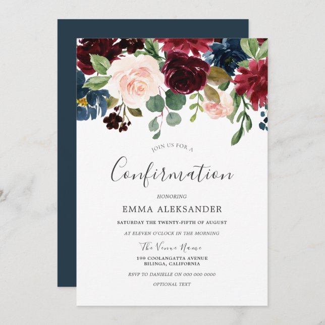 Burgundy Red Wine Floral Confirmation Invitation (Front/Back)