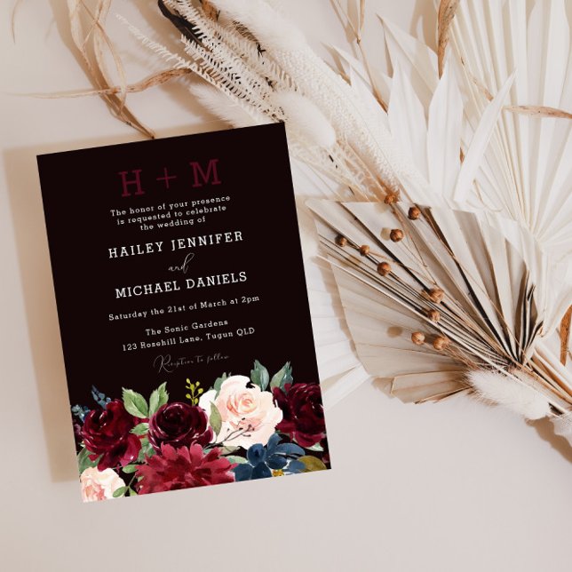 Burgundy Red Wine Floral Monogram Wedding Invitation (Creator Uploaded)