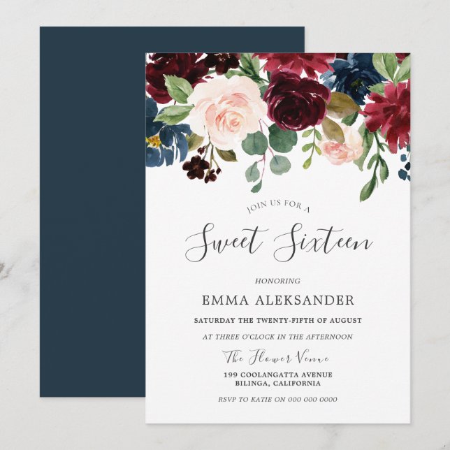 Burgundy Red Wine Floral Sweet 16 Invite (Front/Back)