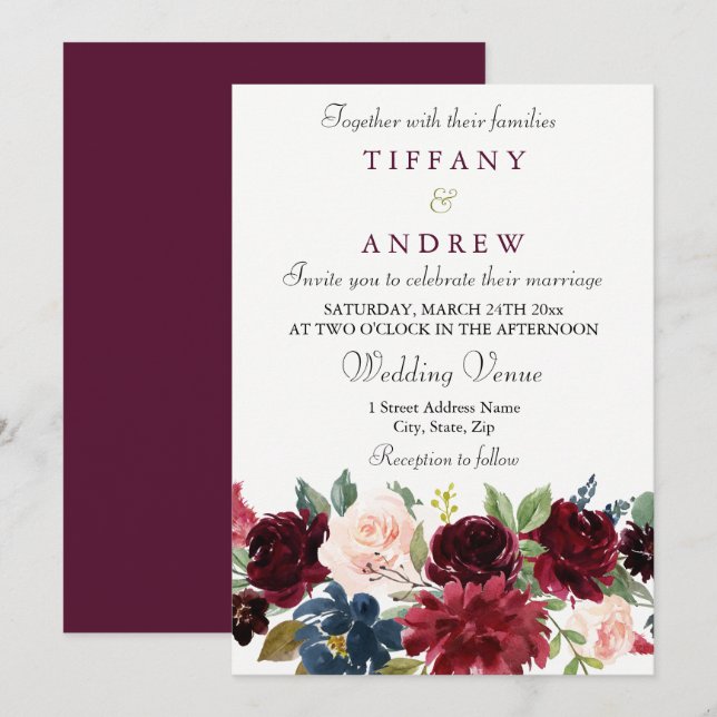 Burgundy Red Wine Flowers Elegant Wedding Invite (Front/Back)