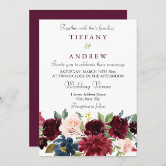 Burgundy Red Wine Flowers Elegant Wedding Invite