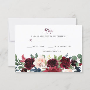 Burgundy Red Wine Flowers Elegant Wedding RSVP