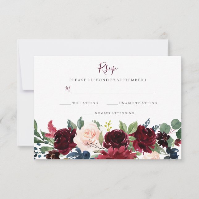Burgundy Red Wine Flowers Elegant Wedding RSVP Card (Front)