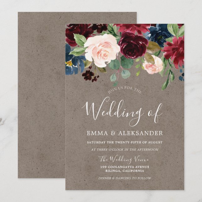 Burgundy Red Wine Flowers Modern Wedding Invite (Front/Back)