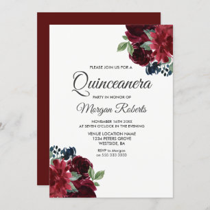 Burgundy Red Wine Flowers Quinceanera Party Invite
