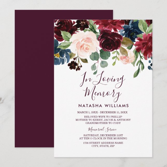 Burgundy Red Wine Funeral Service Announcement (Front/Back)