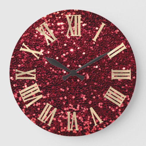 Burgundy Red Wine Glitter Metallic Roman Numers Large Clock