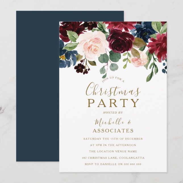 Burgundy Red Wine Gold Christmas Party Invite (Front/Back)