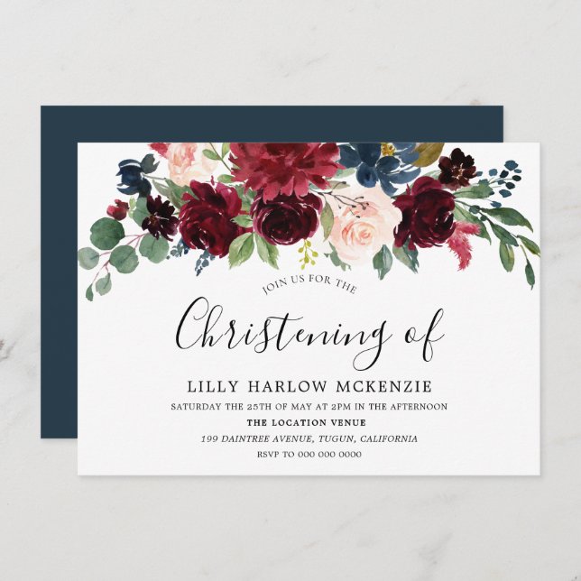 Burgundy Red Wine Modern Christening Invitation (Front/Back)