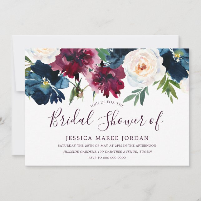 Burgundy Red Wine & Navy Floral Bridal Shower Invitation (Front)