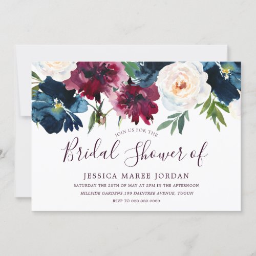 Burgundy Red Wine  Navy Floral Bridal Shower Invitation