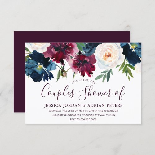Burgundy Red Wine Navy Floral Couples Shower Invitation