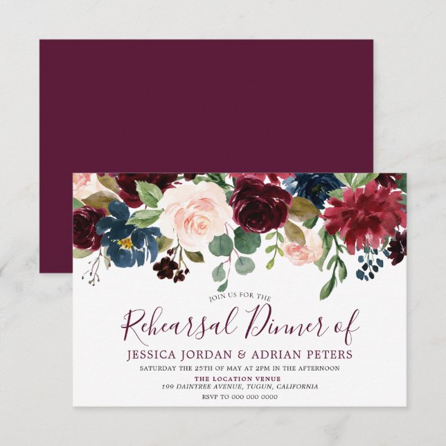 Burgundy Red Wine Navy Flowers Rehearsal Dinner Invitation (Front/Back)