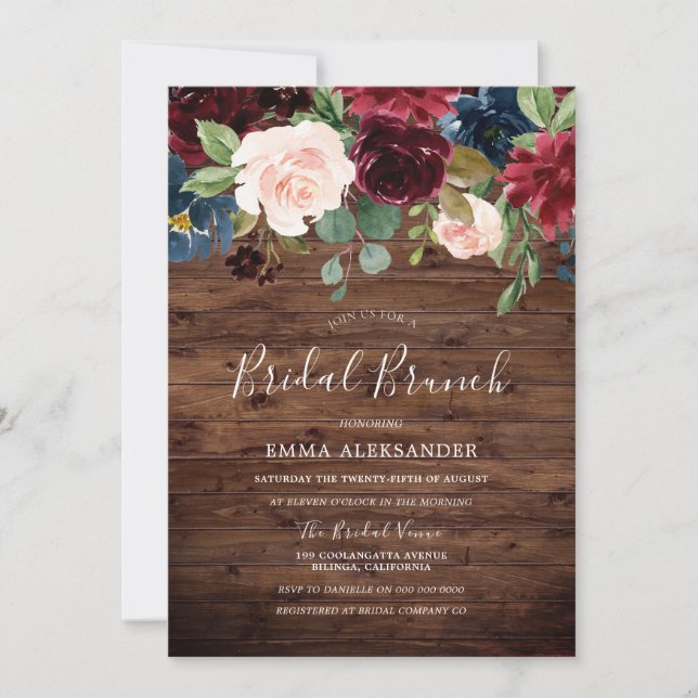 Burgundy Red Wine Rustic Wood Floral Bridal Shower Invitation (Front)