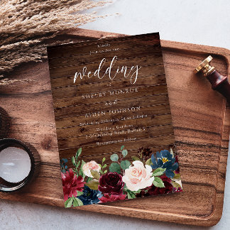 Burgundy Red Wine Rustic Wood Wedding Invitation