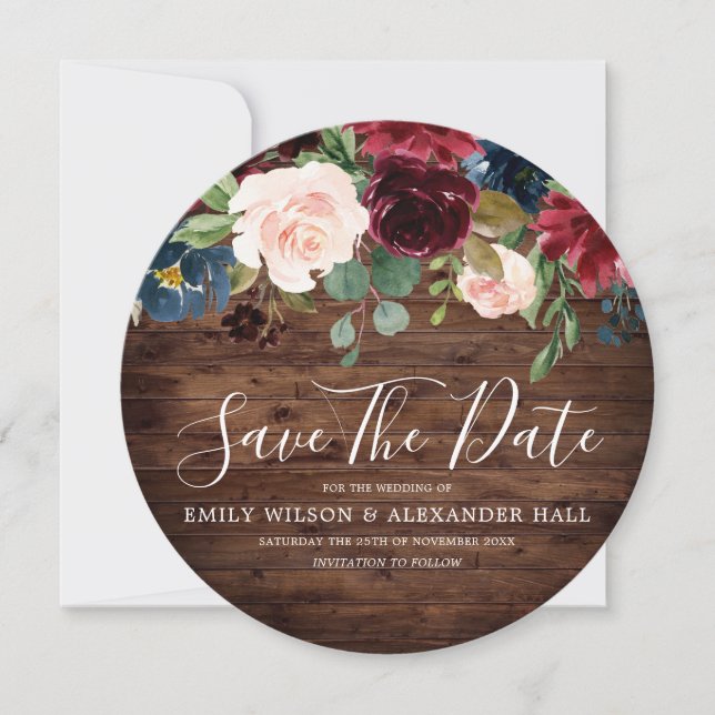 Burgundy Red Wine Rustic Wood Wedding Save The Date (Front)