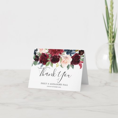 Burgundy Red Wine Watercolor Floral Wedding Thank You Card