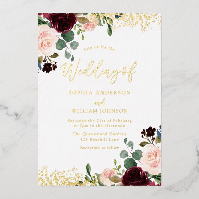 Burgundy Red Wine Wedding Golden Sparkle  Foil Invitation (Front)