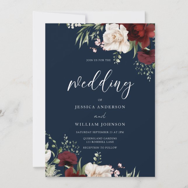 Burgundy Red Wine White Floral Navy Wedding Invitation (Front)