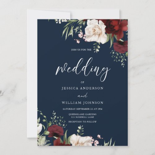 Burgundy Red Wine White Floral Navy Wedding Invitation