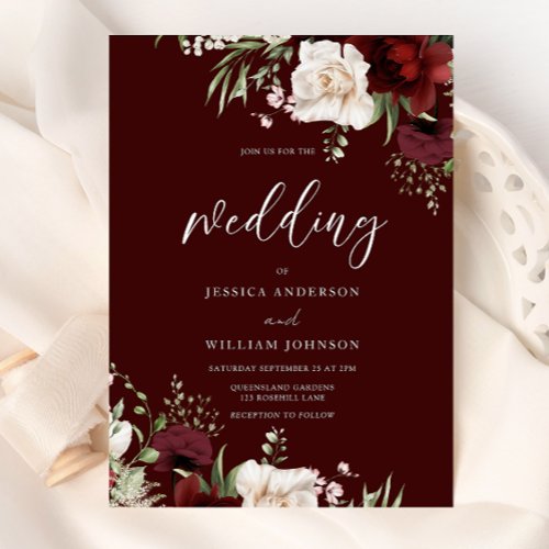 Burgundy Red Wine White Floral Wedding Invitation