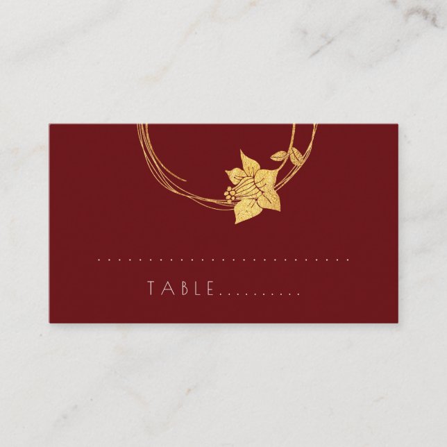 Burgundy Red WineFlower Gold Botanical Table Card (Front)