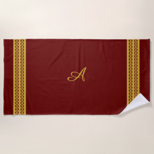 Burgundy Red with Gold Monogram & Diamond Pattern Beach Towel