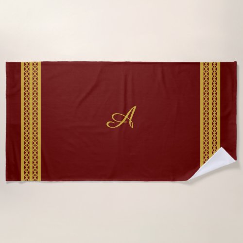 Burgundy Red with Gold Monogram  Diamond Pattern Beach Towel