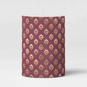 BURGUNDY RED WITH GOLD PEACOCK FEATHERS PILLAR CANDLE