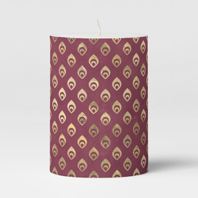 BURGUNDY RED WITH GOLD PEACOCK FEATHERS PILLAR CANDLE (Front)