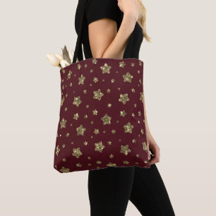 BURGUNDY RED WITH GOLD WINTER CHRISTMAS STARS TOTE BAG