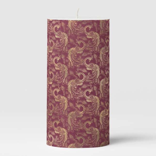 BURGUNDY RED WITH ORNATE GOLD PEACOCKS PILLAR CANDLE (Front)