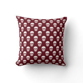 Burgundy Red With White Skull Pattern Halloween Throw Pillow