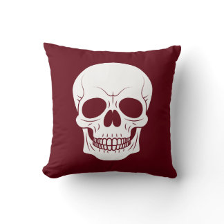 Burgundy Red With White Skull Spooky Halloween Throw Pillow
