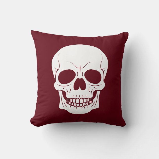 Burgundy Red With White Skull Spooky Halloween Throw Pillow (Front)