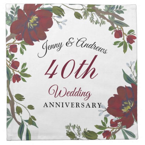 Burgundy Red Wreath 40th Wedding Anniversary Cloth Napkin