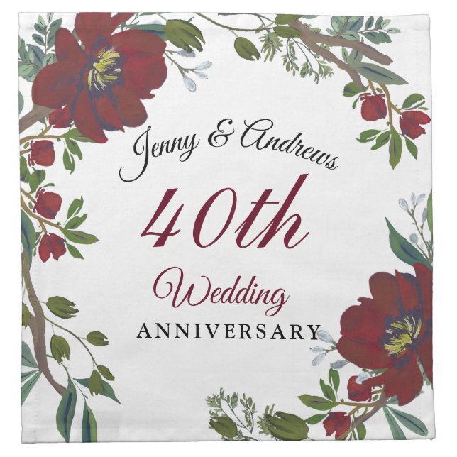 Burgundy Red Wreath 40th Wedding Anniversary Cloth Napkin (Front)