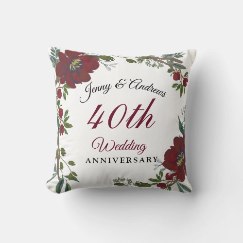 Burgundy Red Wreath 40th Wedding Anniversary Gift Throw Pillow